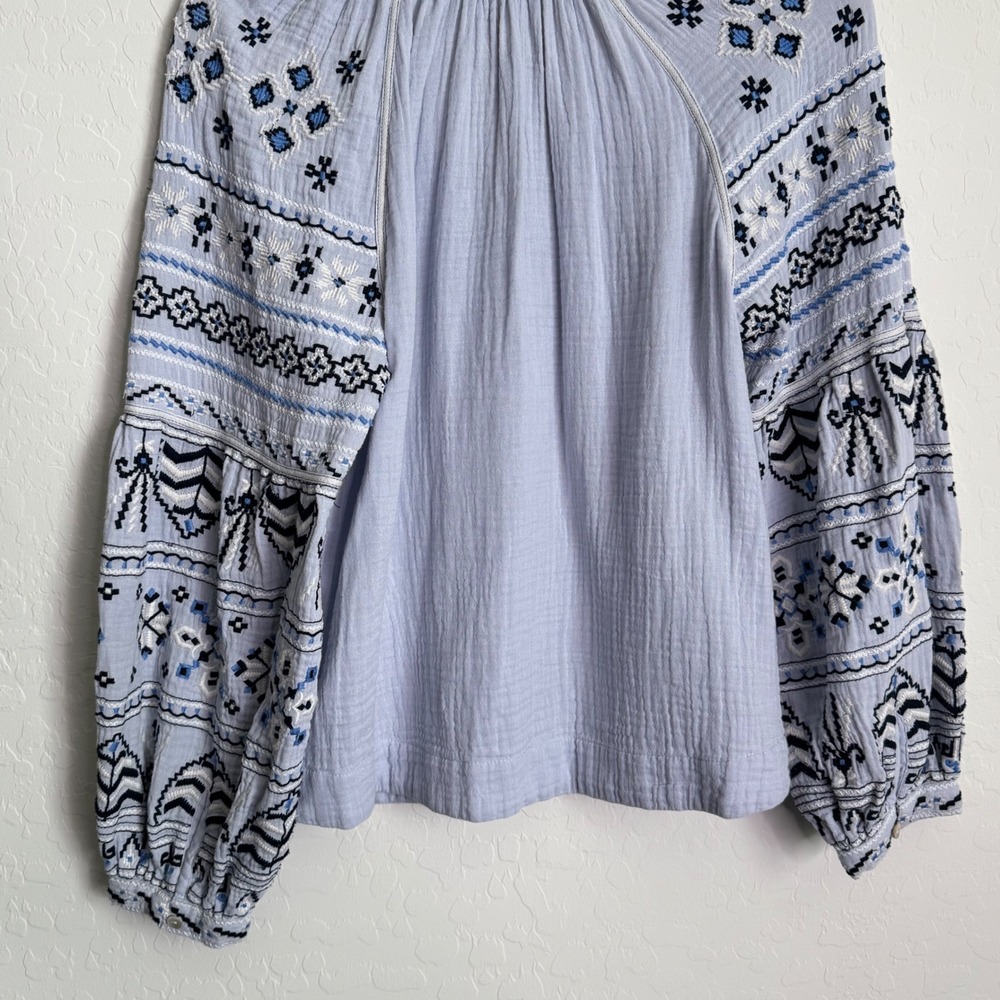 Sundance Blue Embroidered Cotton Gauze Peasant Blouse Balloon Sleeve PXS Boho - Picture 8 of 10